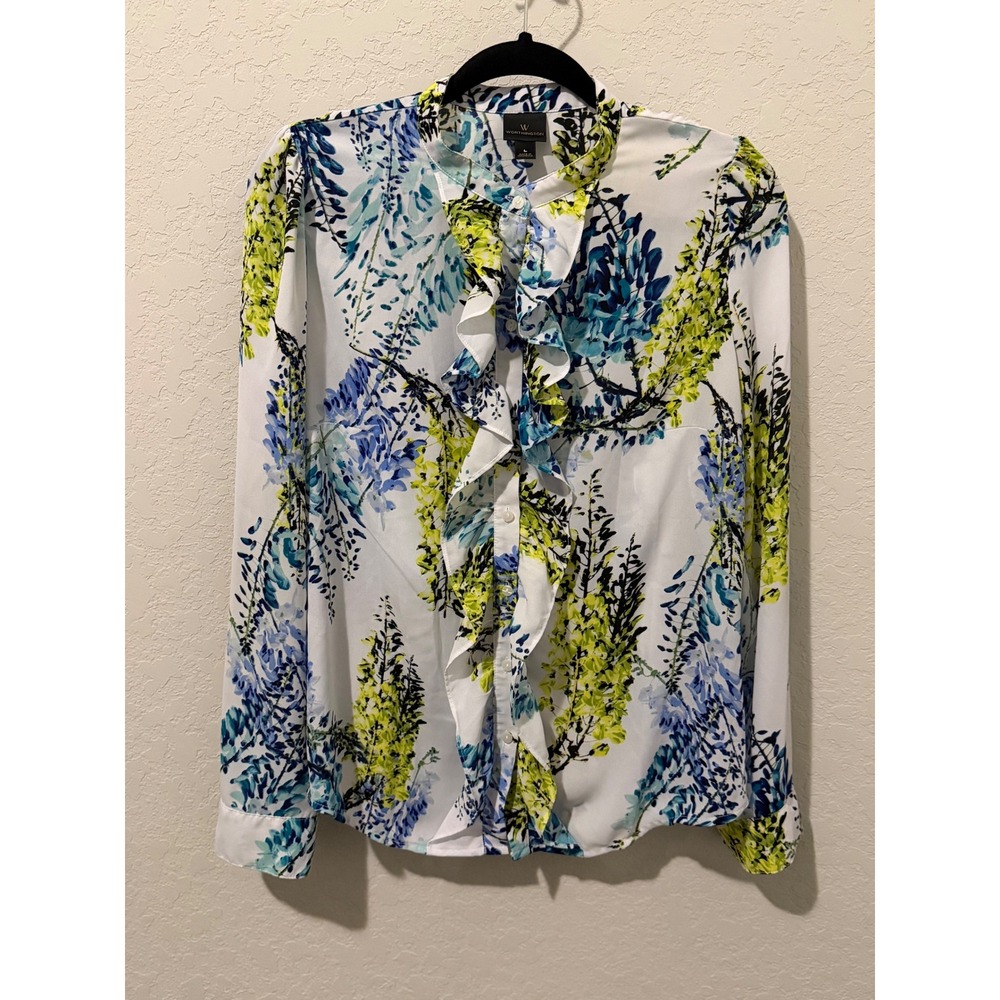 Worthington Womens Floral Ruffle Front Blouse Blue Yellow Wisteria Top Large